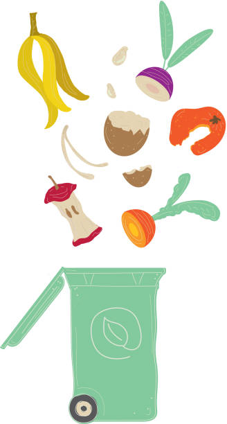 illustrazioni stock, clip art, cartoni animati e icone di tendenza di cestino compostabile per il compost dei rifiuti di cucina con cibo viziato e scarti alimentari - spreco alimentare