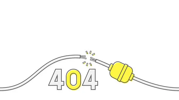 Vector illustration of 404 error page design concept. Damaged electric cable. Vector illustration.