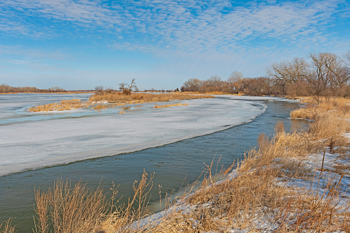 Partially Frozen Platte River in Late Winter near Kearney, Nebraska