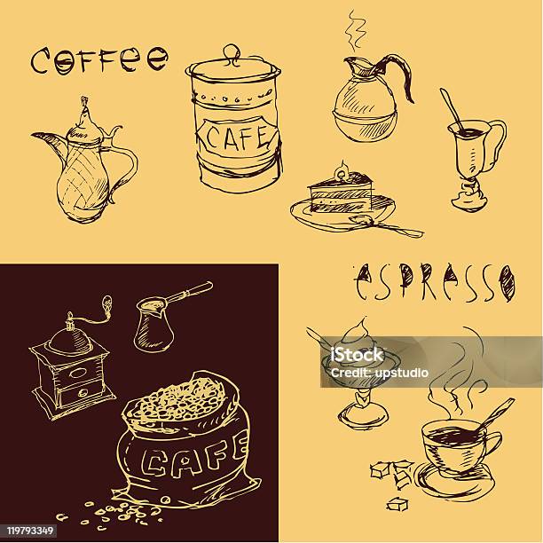 Mão Desenhada Elementos De Design De Café - Arte vetorial de stock e mais imagens de Açúcar - Açúcar, Bebida, Café - Bebida
