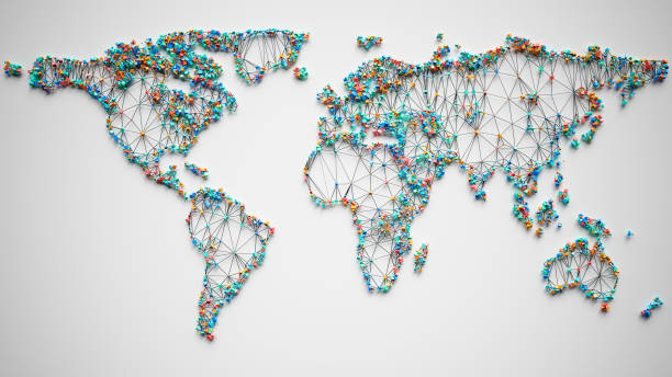 mapa del mundo poligonal abstracto con conexiones - tierra fotos fotografías e imágenes de stock