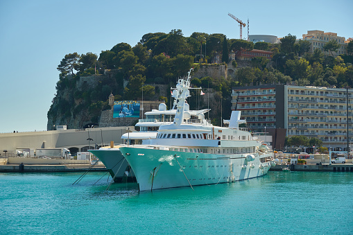 Monaco - April 05, 2019: Beautiful yachts in the yard of Yacht club of Monaco.