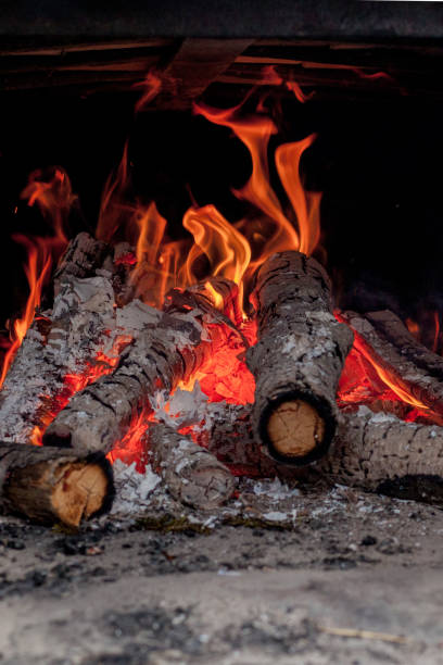 istock Hot vivid burning birch logs in fireplace on a cold winter day 1197938345