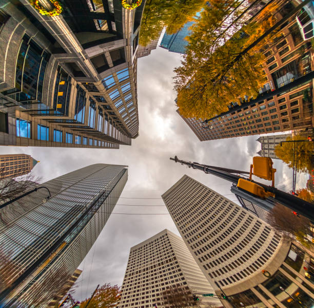 Skyway and Skyscrapers in Minneapolis Downtown Business District. Skyways connect some downtown buildings for climate controlled walking above street level.