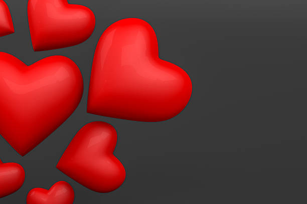 3d rendering of Valentine's Day, concept. Different sized red hearts flying on black background Mother's Day or Women's Day postcard, greeting card with copy space.