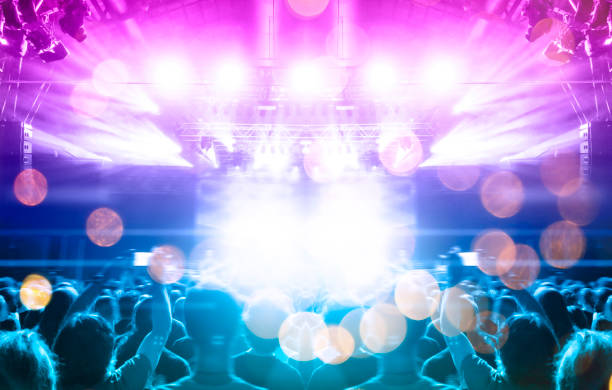A shot taken in front of a concert stage lit in the night, people are visible waving and clapping, but no one is recognizable.