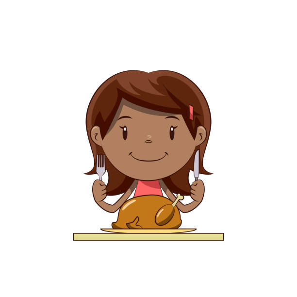 Little Girl Eating Turkey Happy Cute Child Stock Illustration - Download  Image Now - Adult, Adults Only, African-American Ethnicity - iStock