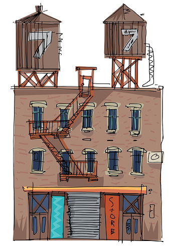 Two rooftop water tanks on a New York vintage residential building with shop at ground floor. Cartoon. Caricature.