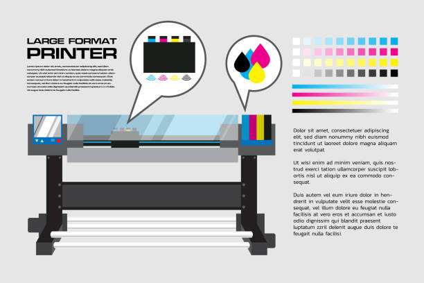 illustrazioni stock, clip art, cartoni animati e icone di tendenza di stampante di grande formato con testo dettagliato - printing press digitally generated image format printout