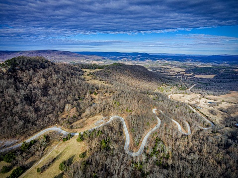 Aerial view of winding road in ozark national forrest in Arkansas