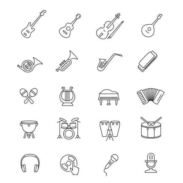 Vector illustration of Music instruments line icon set