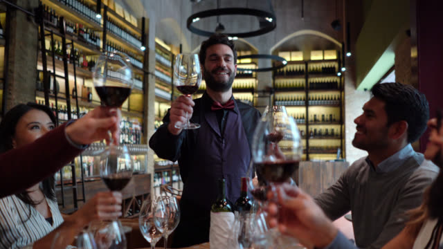 Friendly sommelier proposing a toast during a wine tasting with a group of people