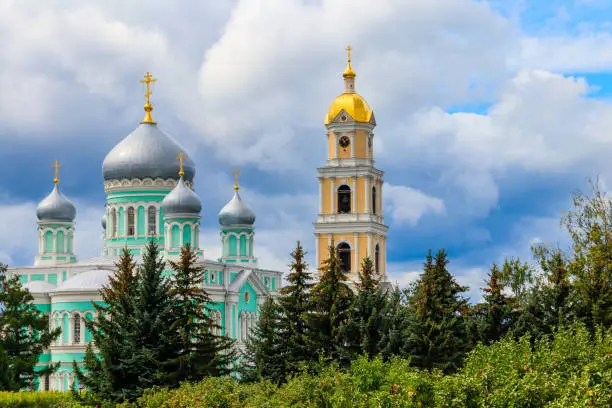 Trinity cathedral and bell tower of Holy Trinity-Saint Seraphim-Diveyevo convent in Diveyevo, Russia