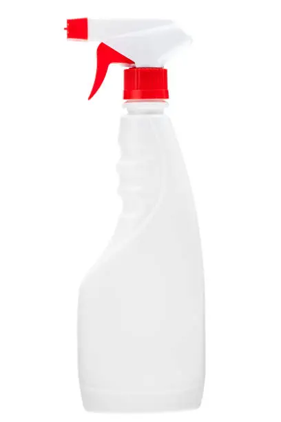 white plastic bottle with red spray nozzle, detergent for home frill isolated empty mock up on white background.