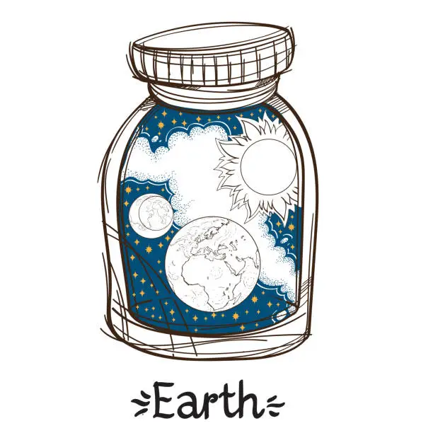 Vector illustration of Earth in a glass jar. The planet of the solar system in a glass bowl on a stand. Illustration for design on the astrology, astronomy, spirituality