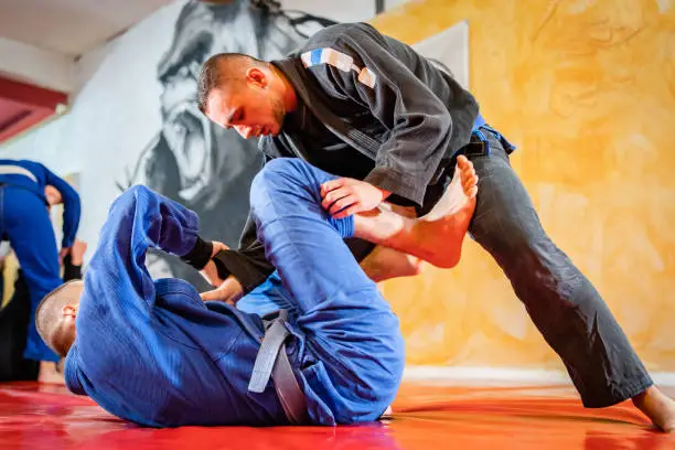 Two brazilian jiu jitsu BJJ athletes training practicing position drilling the technique from the guard sparring wearing blue and black kimono holding sleeve