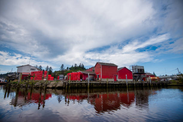 Red Buildings along the harbor stock photo