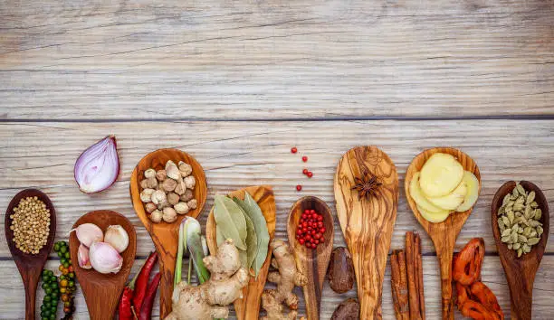 Photo of Various of spices and herbs in wooden spoons. Flat lay of spices ingredients chilli ,pepper corn, garlic, thyme, oregano, cinnamon, star anise, nutmeg, mace, sage and parsley on the wooden background.