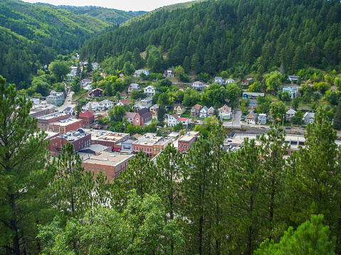 A panoramic overview of Deadwood, South Dakota as seen from one of the peaks of the Black Hills.