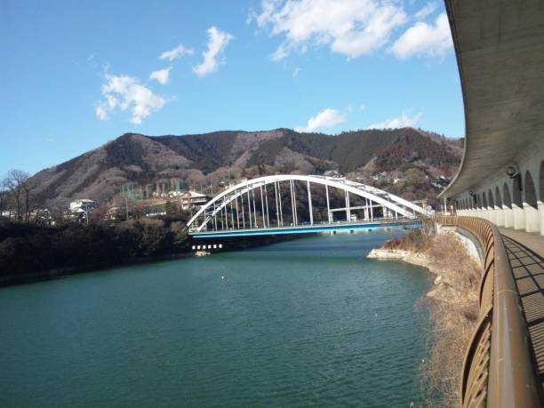 Sagami lake with blue sky, horizontal photo