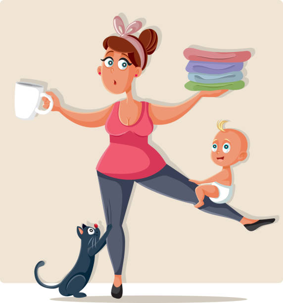 Busy Mom Feeling Overwhelmed with Household Chores Funny stay-at-home mother multitasking and babysitting tired woman coffee stock illustrations