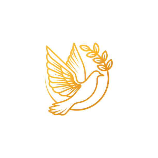 dove logo symbol vektor-illustration. abstrakte linienkunst einer fliegenden taube mit olivenzweig - religion stock-grafiken, -clipart, -cartoons und -symbole