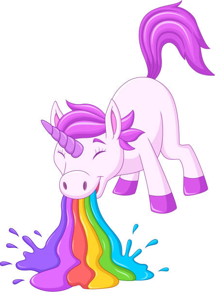 Cartoon funny unicorn pukes liquid rainbow Vector illustration of Cartoon funny unicorn pukes liquid rainbow retching stock illustrations