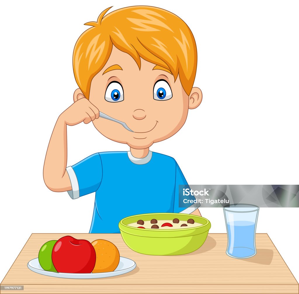 Ilustración de Dibujos Animados Niño Que Tiene Cereales De Desayuno Con  Frutas y más Vectores Libres de Derechos de Niño - iStock