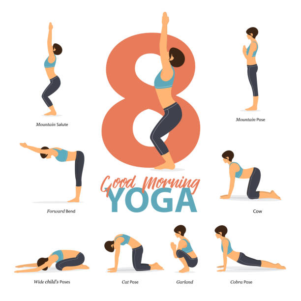 illustrazioni stock, clip art, cartoni animati e icone di tendenza di infografica di 8 pose yoga per dopo svegliarsi in design piatto. la donna di bellezza sta facendo esercizio fisico per lo stretching del corpo al mattino. set di infografica sequenza yoga. vettore. - exercising sport cartoon male