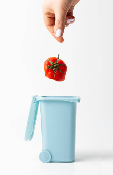 istock Female hand throws food trash into trash can, front view, white background 1197978083
