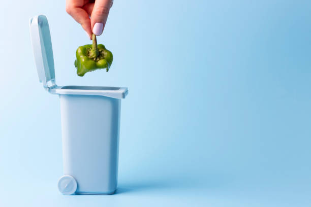 istock Female hand throws food trash into trash can on blue background, copy space 1197978085