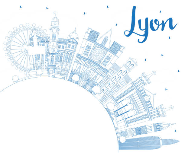illustrations, cliparts, dessins animés et icônes de décrivez lyon france city skyline avec des bâtiments bleus et un espace de copie. - lyon