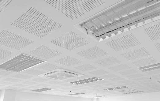 acoustic ceiling with lighting and air condition, black and white tone, industry construction concept background