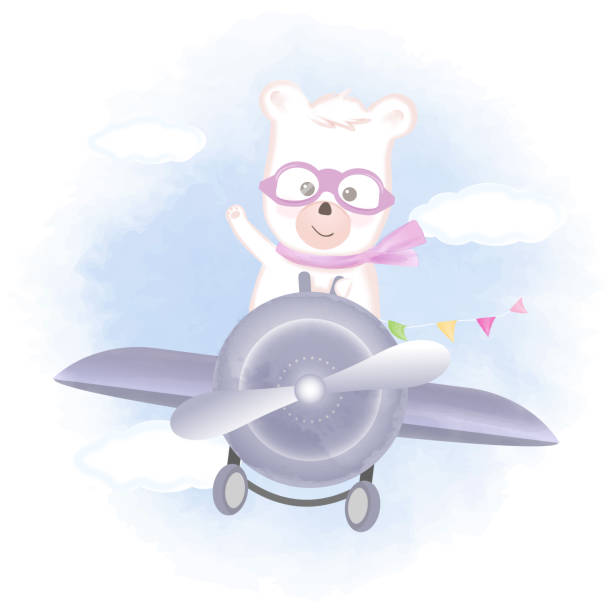 Cute Bear Flying On Airplane Hand Drawn Animal Cartoon Illustration  Watercolor Background Stock Illustration - Download Image Now - iStock