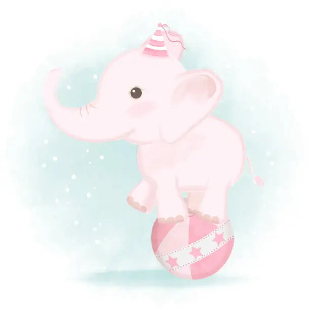 Vector illustration of Cute baby elephant standing on ball hand drawn cartoon carnival watercolor illustration