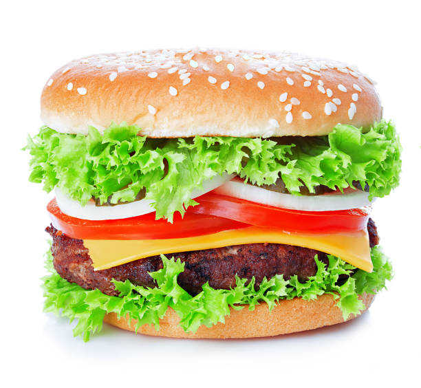 istock Cheeseburger close-up isolated on white background. 1197985129