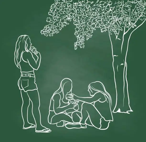 Vector illustration of Girlfriends Sitting Selfie Pictures Chalkboard