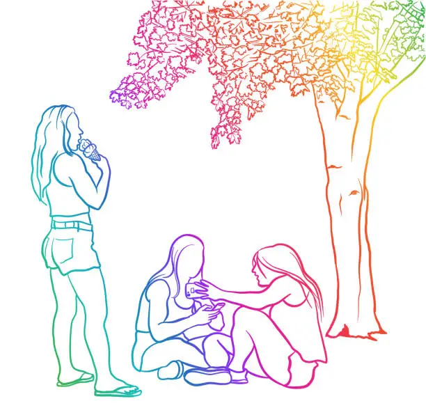 Vector illustration of Girlfriends Sitting Selfie Pictures Rainbow