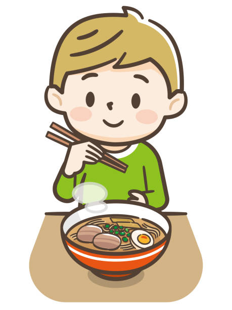Illustration of a boy eating ramen vector art illustration