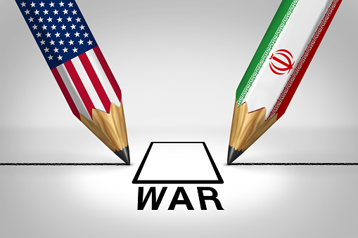 Iranian american war crisis as US military war tension conflict or United States middle east imminent threat risk concept as a security problem due to armed confrontation or economic sanctions with 3D illustration elements.