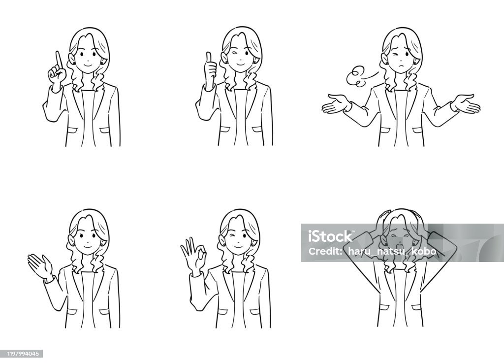 Upper body of a business woman wearing a jacket Set of 6 poses Businesswoman stock vector