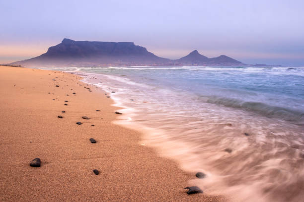 vista da montanha da tabela no nascer do sol da praia de milnerton, cidade do cabo, áfrica do sul - milnerton - fotografias e filmes do acervo