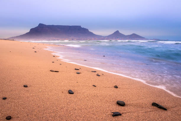 vista da montanha da tabela no nascer do sol da praia de milnerton, cidade do cabo, áfrica do sul - milnerton - fotografias e filmes do acervo