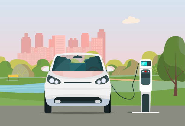 elektroauto in einer stadt. elektroauto ist aufladen, frontansicht. vektor-flachstil-illustration. - autokompaktklasse stock-grafiken, -clipart, -cartoons und -symbole