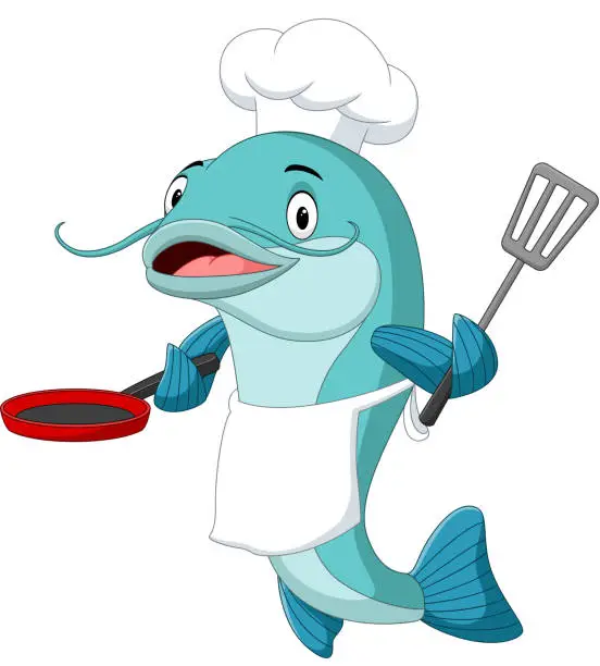 Vector illustration of Cartoon catfish chef holding a frying pan and spatula