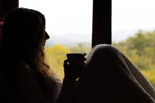 istock Young woman drinking a cup of coffee while watching the landscape from a window. 1198003122