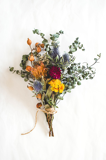 Dried flowers, bouquet, interior, flat lay