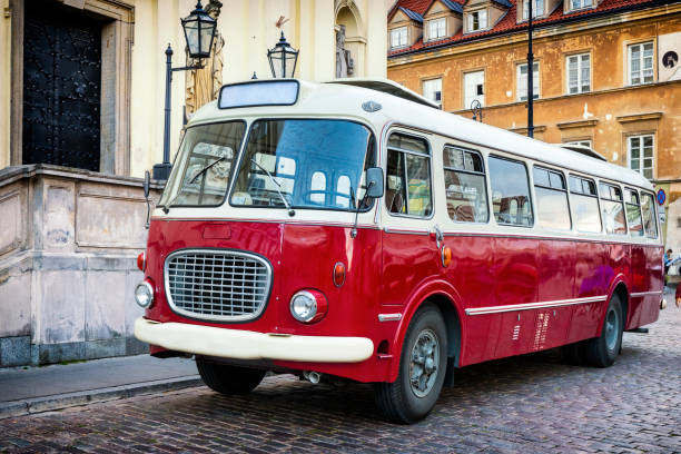 Public transportation in Warsaw, Poland Old red bus for public transport in Warsaw's Old Town, Poland public transportation photos stock pictures, royalty-free photos & images