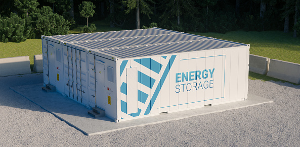Concepto de unidad de almacenamiento de energía que consta de múltiples contenedores conectados con baterías. 3d rednering. photo
