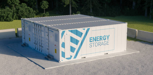 concepto de unidad de almacenamiento de energía que consta de múltiples contenedores conectados con baterías. 3d rednering. - batería fotografías e imágenes de stock